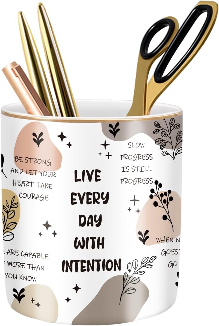WAVEYU Cute Desk Pencils Pen Holder, Pencil Cup Holder for Desk, Ceramic Desktop Storage Pen Pencil Organizers Stationery Supplies for Office, Home, Words Pattern - Image 1